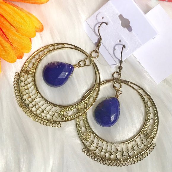 Boho Earrings Large Bead Goldtone Dangle Hoops NWT - Picture 3 of 3